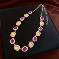 Close-up of vibrant pink and purple crystals set in colorful enamel on a golden chain - 35# Necklace - Gold - Multicolor