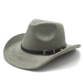 Detail view of Western cowboy hat featuring wide brim and black leather band with silver buckle - M (56-58cm) / Army Green Suede