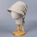 Detail of light khaki cotton sun hat featuring a wide brim and adjustable bow tie strap - M(56-58cm) / Beige