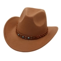 Detail of brown felt cowboy hat with leather band, blue beads, and bronze studs - One Size (57cm) / Khaki