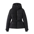 Detail of black hooded ski jacket with adjustable waist belt and zippered pockets - XS / Black