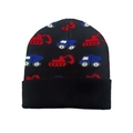 Nahaufnahme der schwarzen Strickmütze mit roten und blauen Bagger-Jacquardmustern - M(48-52cm) / Schwarz