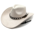 Cream western cowboy hat in faux suede with stitched leather band and chin strap - M / Beige