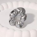 Detailed shot of silver metal flower ring with polished petals on white cloud stand - Glow 5-Petal Flower (JR574-Steel Color)