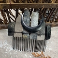 Detail of natural amethyst hair comb with black crescent moon and crystal columns - Black Rutilated Quartz Black Moon