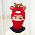 Red reindeer knit balaclava for kids with navy blue neck warmer and cute deer antlers - One Size / Deer Antler Red