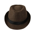 Detailed close-up of dark brown linen weave fedora hat with black decorative ribbon band - Adult Size (58cm) / Coffee with Black Band