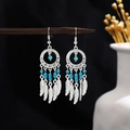 Bohemian silver dreamcatcher earrings with blue beads and delicate feather charms - Silver + Blue Dreamcatcher + Feather (E2168-3)
