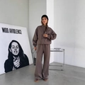 Women's dark brown oversized tracksuit set with zip-up jacket and wide-leg joggers - S / Dark Brown