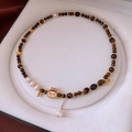 Tiger eye and pearl beaded necklace with golden star and cute rabbit pendant - 4# Necklace-Gold-Brown (Cartoon Rabbit)