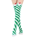 Dettaglio di calze natalizie sopra il ginocchio a righe bianche e verdi con Babbo Natale - Taglia unica / Righe Diagonali Verde e Bianco/Bambola Testa di Babbo Natale
