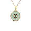 Goldene Halskette mit runden Evil-Eye-Anhänger aus grünem Emaille und funkelnden Kristallen - Fluoreszierendes Grün