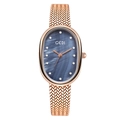 Elegant rose gold oval watch with deep blue mother of pearl dial and crystal markers - Rose Gold Band Blue Dial