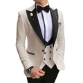 Three-piece men's wedding suit in white with black lapels and a double-breasted vest - XXS / Beige