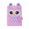 Detail of purple plush owl diary featuring a sparkly crown and metal lock with keys - Purple