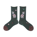 Dark green floral crew socks with cat pattern and red rose details for women - One Size / Cat and Small Flower (Dark Green)