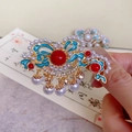 Detailed macro view of Chinese style hair clip with blue enamel and pearl tassels - F1004 Cloud-Red Pearl