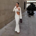 Slim fit cream knit maxi dress with cutout details and asymmetric shoulder design - S / Off White