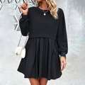 Robe noire élégante à manches longues avec jupe plissée et haut style sweat-shirt - S / Noir