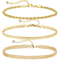 Detailed view of gold rope, herringbone, and cuban link bracelets with crystal charms - Gold Rope Fishbone Chain Combination