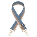 Detail of adjustable thick striped bag strap with premium gold metal swivel snap hooks - Lake Blue Gold Buckle
