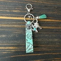 Vintage western leather keychain with turquoise cactus and silver bull skull charms - Turquoise Cow Skull Cactus