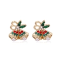 Christmas bell stud earrings in gold with red green rhinestones and white pearls - Golden Christmas Bell with Bow