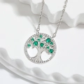 Silver tree of life necklace with emerald zircon leaves and white crystal pavé setting - Green