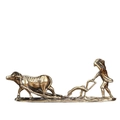 Scultura in miniatura in ottone vintage di un contadino che ara con un bufalo - Scena di Aratura - Piccolo