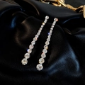 Luxurious silver drop earrings with sparkling gradient rhinestones on black leather - Long Zirconia Pair / Silver