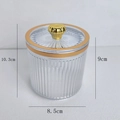 Vertical textured acrylic cotton swab holder with gold lid handle and size dimensions - Striped Handle / Clear