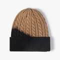 Knit beanie hat featuring a stylish black and brown color-block cable knit design - Black Khaki (22B003)