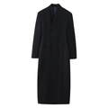 Eleganter schwarzer langer Wickelmantel mit asymmetrischem Verschluss und minimalistischem Kragen - S / Schwarz
