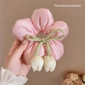 Pink tulip hair scrunchie with silk fabric and green ribbon bow decoration - Pink Flower Beige Tulip Hair Tie