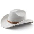 Détail chapeau de cowboy gris clair avec ruban en cuir brun et boucle dorée sur blanc - M(56-58cm) / Gris clair