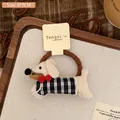 Cute plush dog hair tie with black and white plaid outfit and brown elastic spiral band - 1# Black Plaid Dachshund Hair Tie