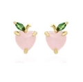 Pink heart-shaped cherry fruit stud earrings with green leaf zircon in gold finish - Pink Apple