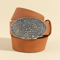 Bruine lederen riem met gegraveerde zilveren bloemengesp voor damesbroeken of jurken - Stijl 19692 / Klein (101cm) / Antiek Zilver Camel