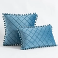 Blue velvet throw pillow set with diamond quilted pattern and decorative pom-poms - 30*50cm Without Core / Aqua Blue