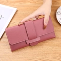 Elegant mauve pebble leather long trifold wallet with wide strap buckle for women - Deep Pink