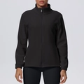 Detailed view of women's black fleece jacket with silver zipper and high neck stand collar - S / Black