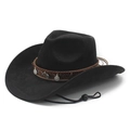 Classic black wide brim cowboy felt hat with ethnic woven band and metal coin charms - M (56-58cm) / Black