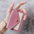 Pink and cream faux leather mini card holder with gold snap button and keychain chain - Deep Pink