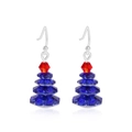 Close-up of patriotic Christmas tree earrings with red and blue beads and silver hooks - Style 13-Acrylic Red Blue Christmas Tree Earrings