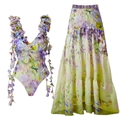 Set mare due pezzi con costume da bagno intero a fiori e gonna lunga a balze - S / Set di costumi da bagno