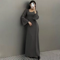 Detail of dark grey ribbed knit dress featuring flared sleeves and a slim fit silhouette - S / Dresses / Gray