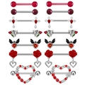 Nipple piercing set with red hearts, silver crosses, and bat charms on white background - 7 Pairs Mixed Set (24070902-8)