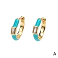 Gold-plated hoop earrings with teal enamel and rectangular cubic zirconia stone - Teal