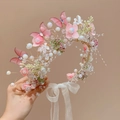 Pink butterfly flower headband with tulle veil and gold wire wrap for kids and weddings - Pink Butterfly Pearl Floral Streamer