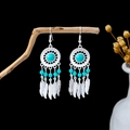 Detail of Bohemian dreamcatcher earrings with turquoise beads hanging on natural wood - E5986-2/Dreamcatcher Feather Turquoise Drop